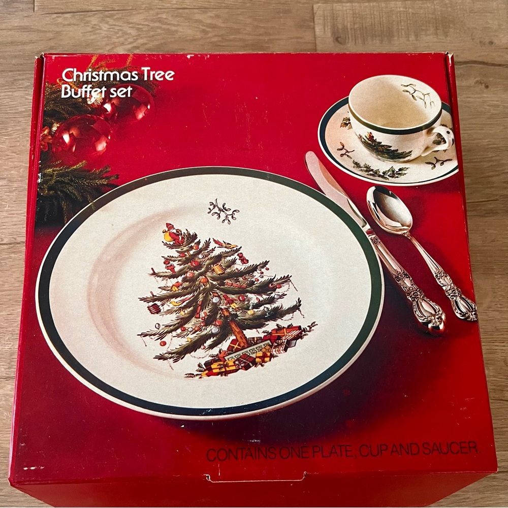 Spode Made In England Christmas Tree Holiday Buffet Set- Dinner Plate Cup Saucer